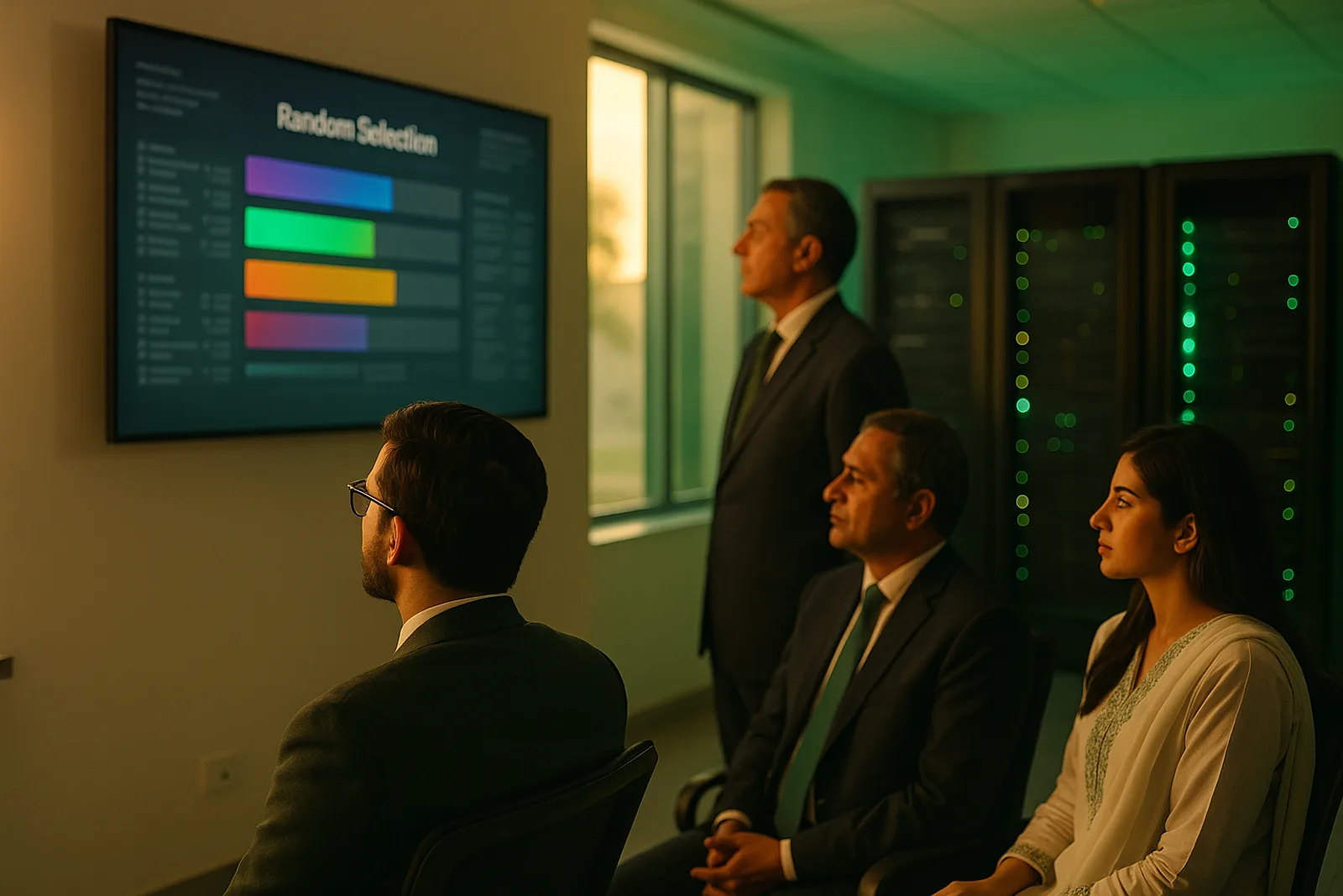 Officials monitoring the transparent computerized balloting process on a large screen