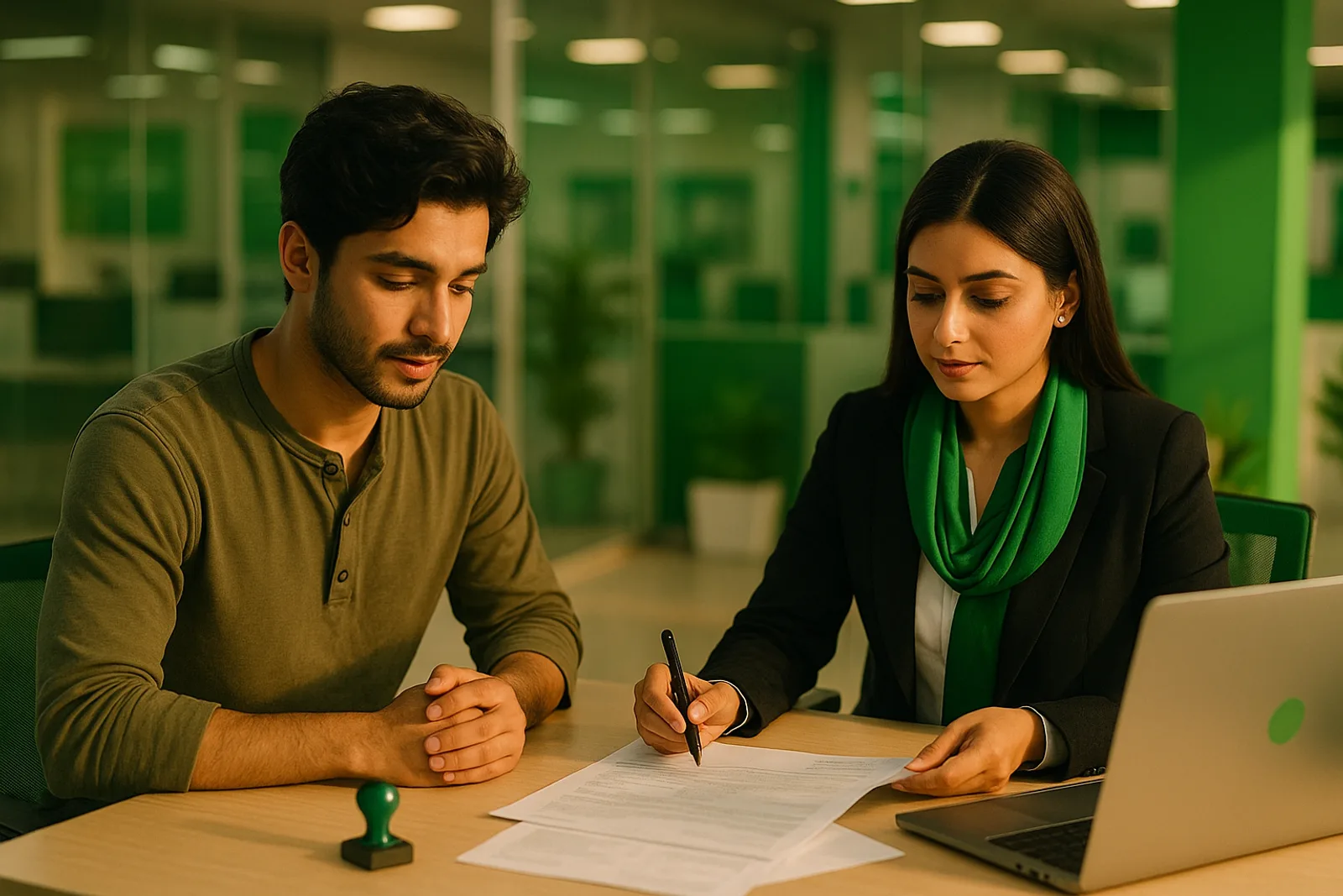 A student's documents being verified by a bank officer at a Bank of Punjab branch desk