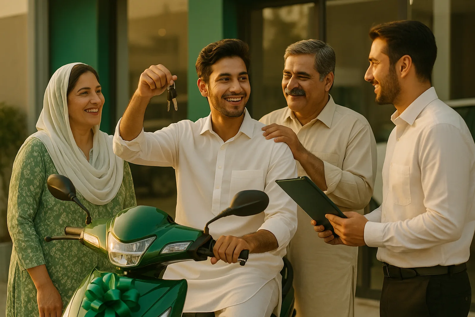 A successful applicant receiving the keys of his new electric bike at an authorized dealership