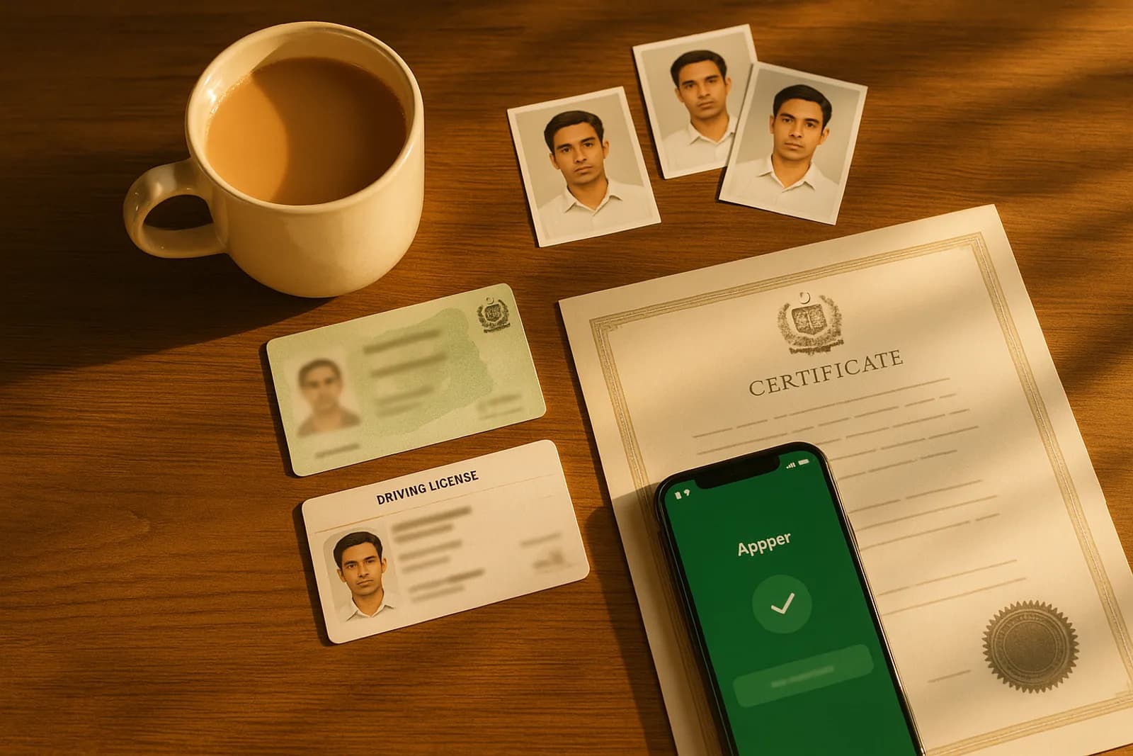 Documents laid out ready for a government employee e-bike application - identity card, licence, photos and certificates