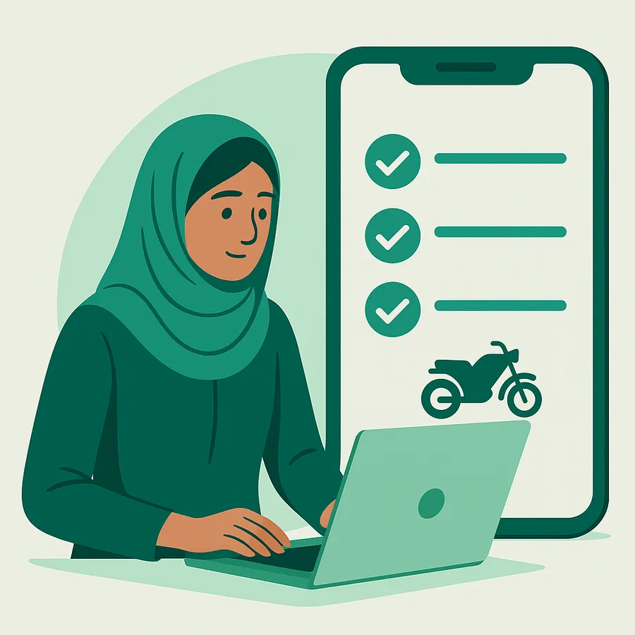 Illustration of an applicant completing the online e-bike application with a document checklist
