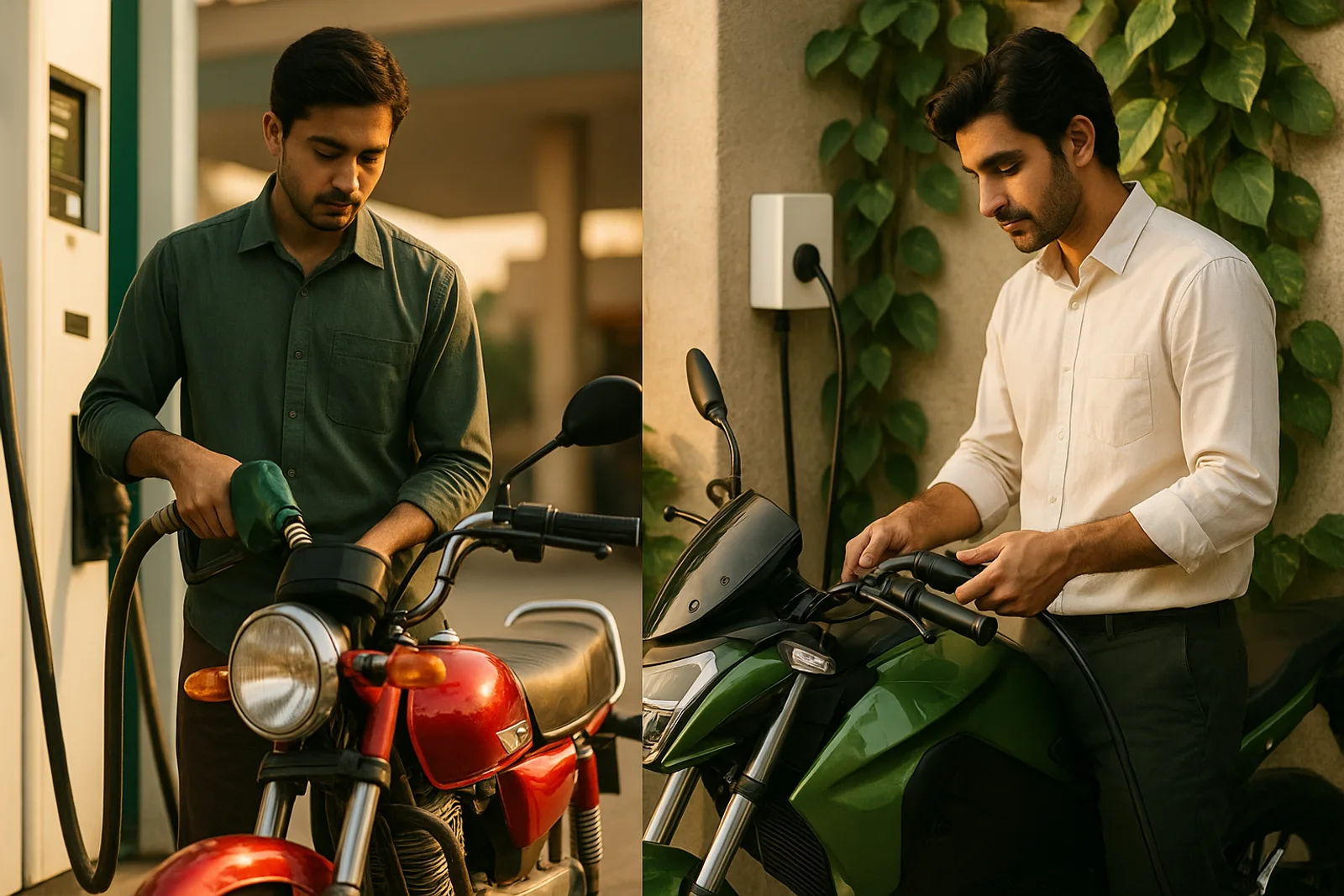Side-by-side comparison: refuelling a petrol motorcycle at a pump versus charging an electric bike at home