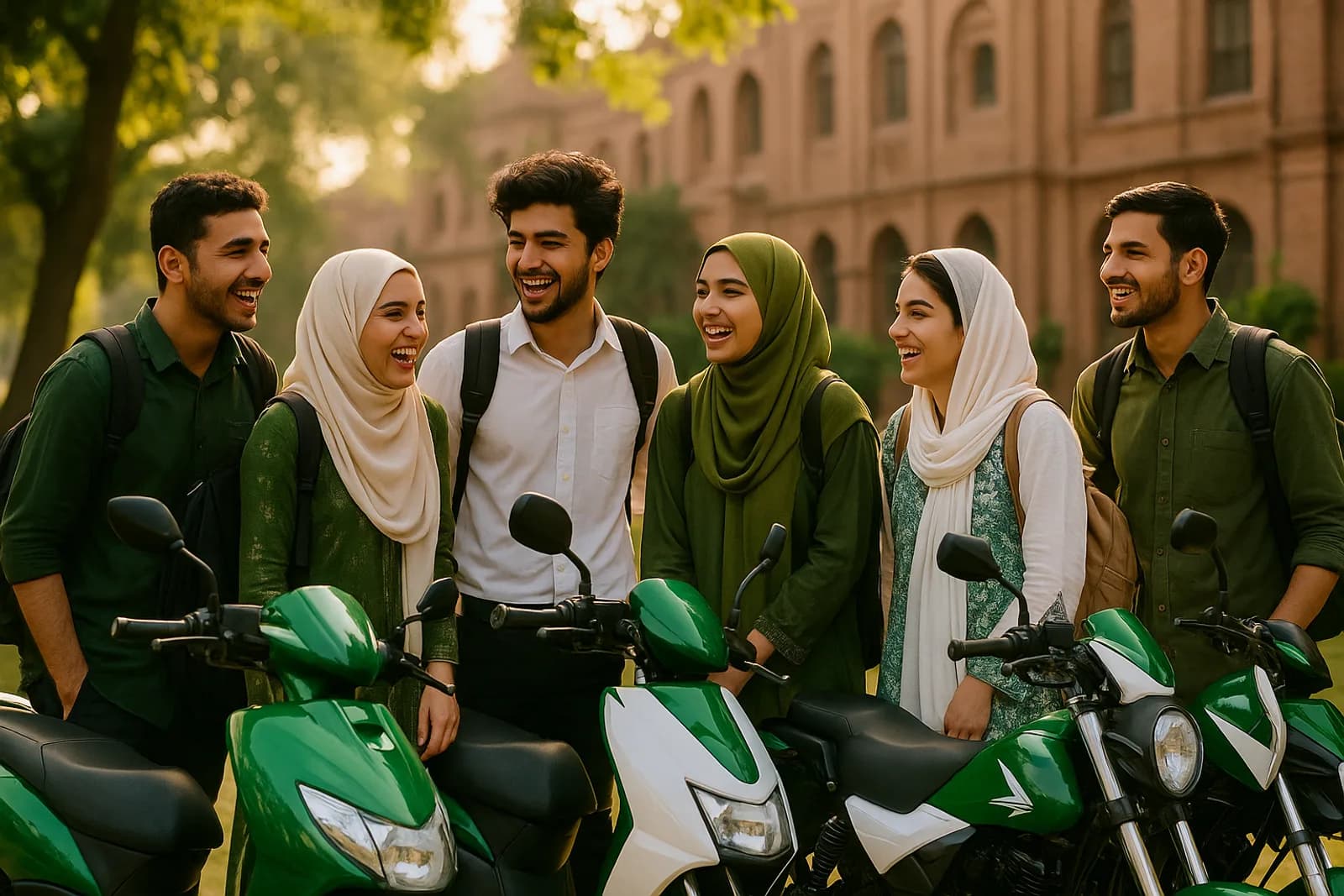 University students in Lahore standing with their new electric scooters from the scheme