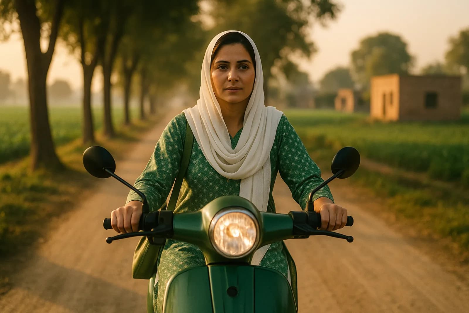 A government school teacher riding her electric scooter on a rural Punjab road
