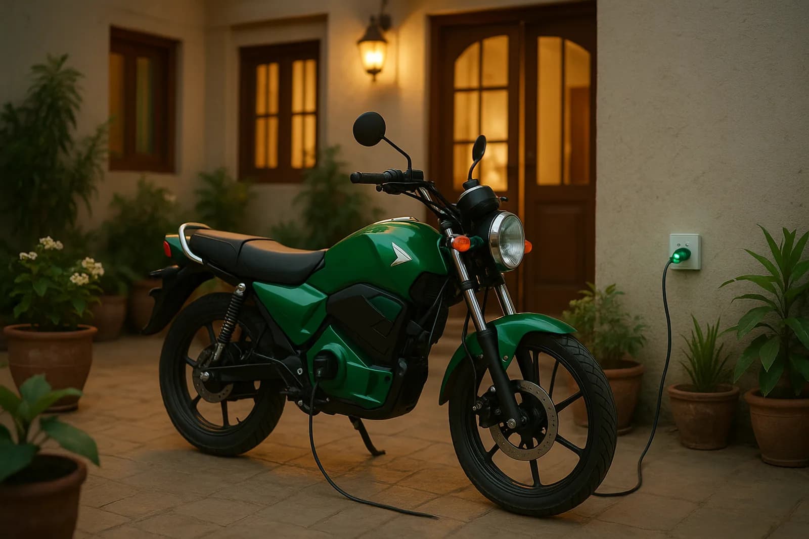 An e-bike charging at home from a regular wall socket - the cheapest refueling in Pakistan
