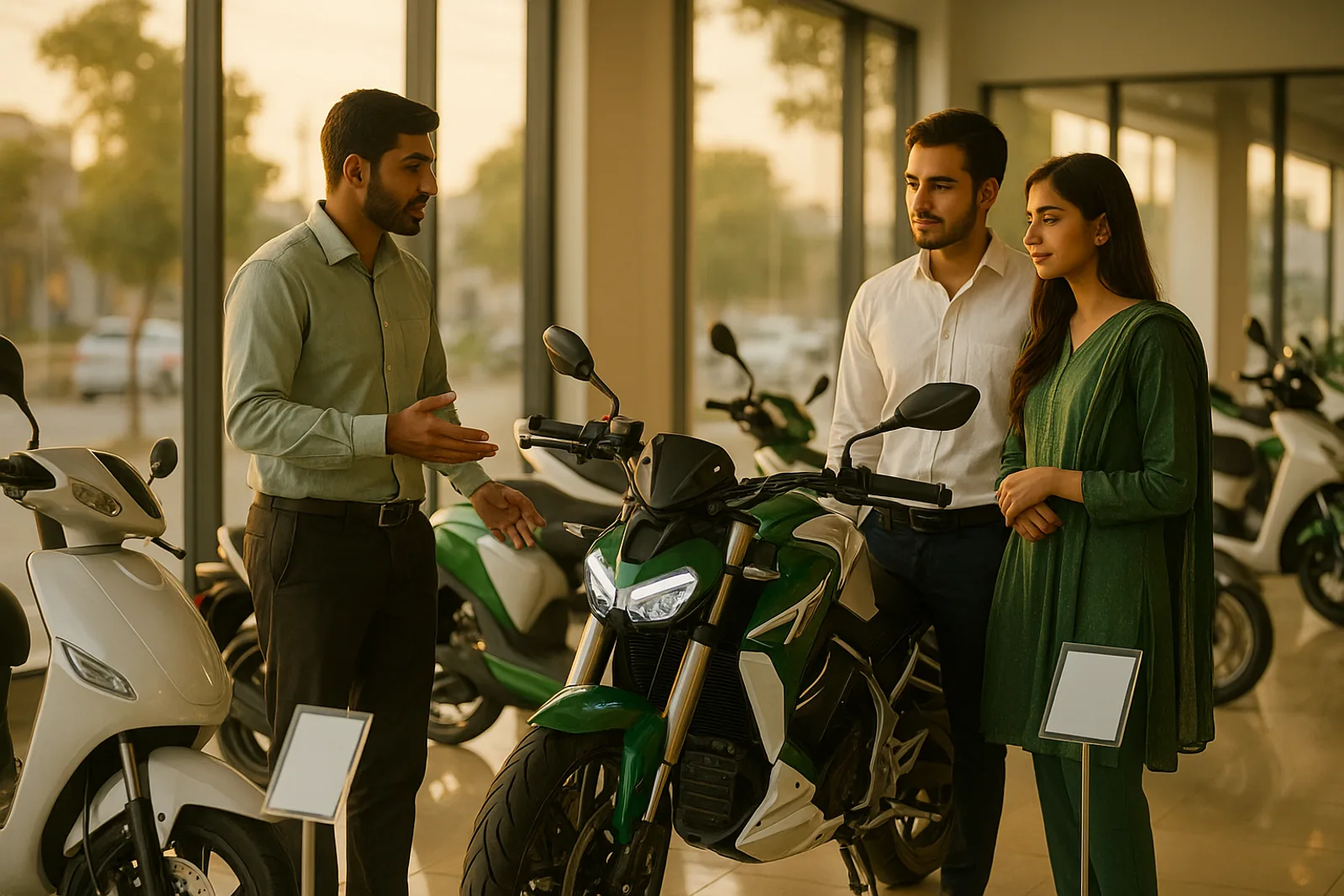 Approved electric bikes lined up at an authorized dealership showroom